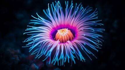 Vibrant undersea tropical fluorescent sea anemone in deep sea coral reef ecosystem