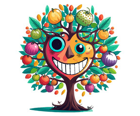 Apple tree with a face and eyes, whimsical and charming