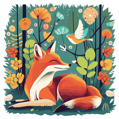 Forest scene with a fox and bird, png