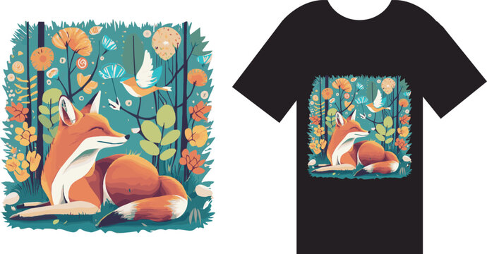 T-shirt design featuring a fox and bird by Julie McClure