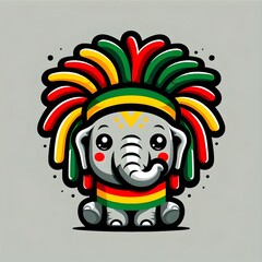 Adorable baby elephant with a large colorful mane in rasta colors.
