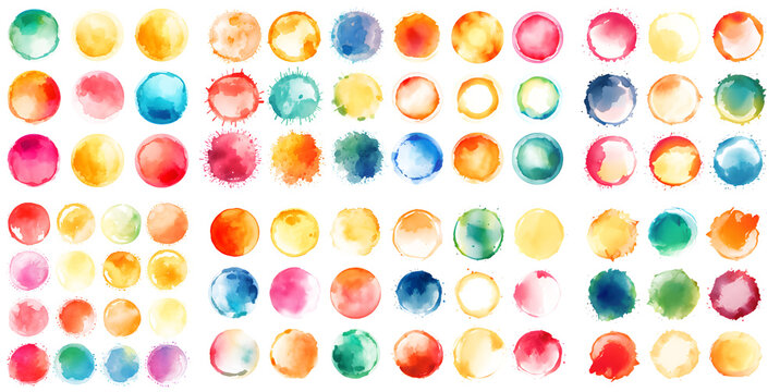 Set of color watercolor circle set. Vector smear watercolor splash stain on transparent background. Round hand drawn watercolor background with yellow, blue, red, pink, orange, green ink color
