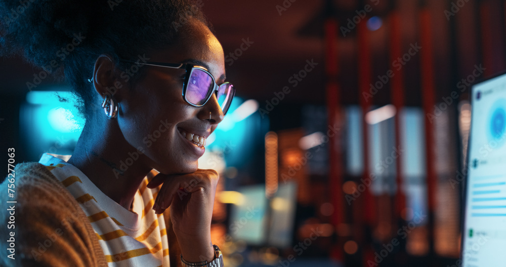 Poster portrait of black female working in creative agency, implementing modern business strategy for clien