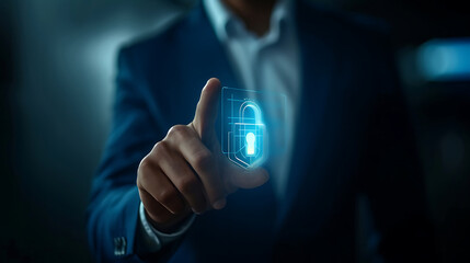 Man holding padlock and pointing finger at padlock with padlock. Businessman connecting padlock on devices. Cybersecurity service and antivirus concept. Generative AI illustration