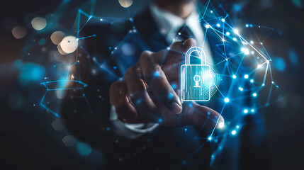 Man holding padlock and pointing finger at padlock with padlock. Businessman connecting padlock on devices. Cybersecurity service and antivirus concept. Generative AI illustration