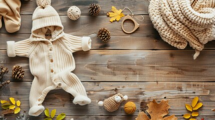 Fashionable baby clothes and accessories arranged on a wooden background, captured in a flat lay style. - obrazy, fototapety, plakaty