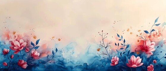 The watercolor art background modern features a winter flower paint brush line art design with a blue, pink, ivory, beige earth tone for prints, wall art, covers, and invitations ...