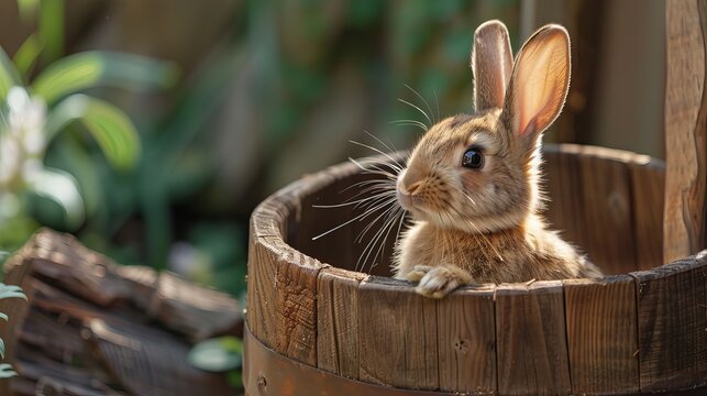 A small bunny sitting in a wooden pot and facing towards the left.