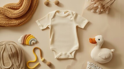 A mockup featuring a cream infant bodysuit made of organic cotton, accompanied by eco-friendly baby accessories such as a knitted rainbow and a soft duck