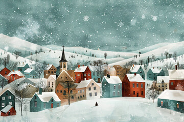 a snowy town with a steeple - obrazy, fototapety, plakaty