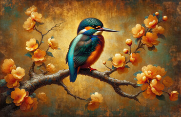 Vibrant kingfisher bird perched on a branch in a rich tapestry of flowers and leaves on a textured canvas background.