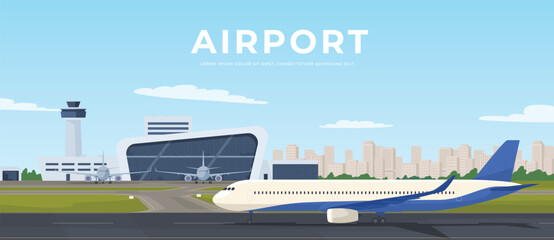 Naklejka premium International and regional airport. Runway with an airplane and a control tower. Vector illustration