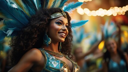 Beautiful dancer in Brazilian carnival costume - obrazy, fototapety, plakaty