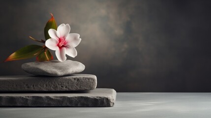Close-up of Stones and a white flower on a podium on a dark gray grunge background with a copy space. Horizontal Layout, Template for the Presentation of Spa products, cosmetics.