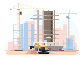 Construction site with overhead cranes. Construction of high-rise buildings in the city. Vector illustration