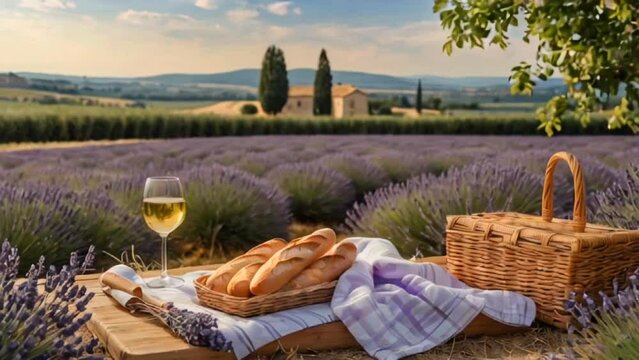 Picnic with bread and wine in a lavender field 