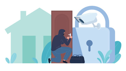 An intruder is trying to break into a house that is connected to a security system with a video surveillance camera. Criminals in black dark clothes are doing illegal activities. Vector illustration