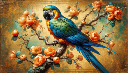 Intricately detailed macaw perches on a branch of blooming flowers, set against a warm golden background.