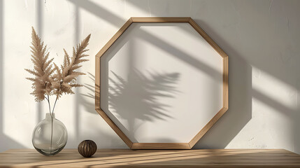 Octagonal picture frame mockup with mat, Wooden Minimalist style