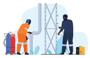 Workers weld and cut metal parts. Strong metal joints by means of welding. Vector illustration