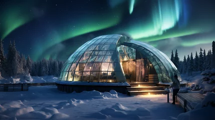 Papier Peint photo Aurores boréales Igloo ice hotel with aurora borealis during magic winter