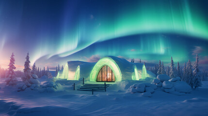 Igloo ice hotel with aurora borealis during magic winter