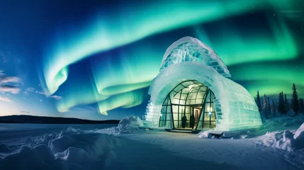 Poster Aurores boréales Igloo ice hotel with aurora borealis during magic winter