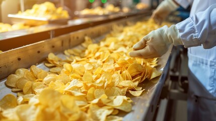 Conveyor belt for potato chips production - obrazy, fototapety, plakaty