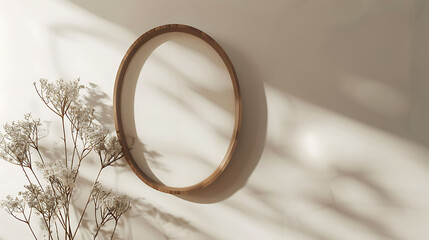 Obraz na płótnie Canvas Oval picture frame mockup with mat, Wooden Minimalist style