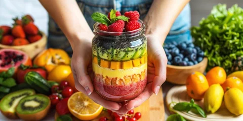 Poster hands holding a glass jar with fruit shakes surrounded by fresh fruits and vegetables on a wooden stand. © ORG
