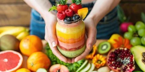 Poster hands holding a glass jar with fruit shakes surrounded by fresh fruits and vegetables on a wooden stand. © ORG