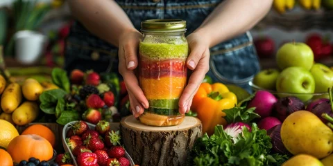 Zelfklevend Fotobehang hands holding a glass jar with fruit shakes surrounded by fresh fruits and vegetables on a wooden stand. © ORG