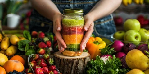  hands holding a glass jar with fruit shakes surrounded by fresh fruits and vegetables on a wooden stand. © ORG