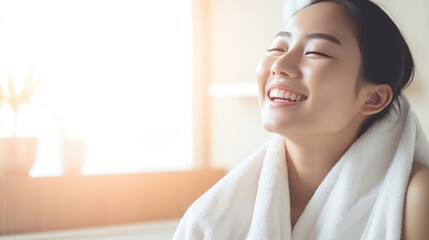 A Closeup head shot of a young beautiful Asian woman applying facial moisturizer after bathing. Smiling beautiful woman wrapped in towel to smooth her skin Daily routine in the morning. - obrazy, fototapety, plakaty