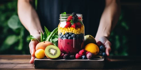 Foto auf Acrylglas hands holding a glass jar with fruit shakes surrounded by fresh fruits and vegetables on a wooden stand. © ORG