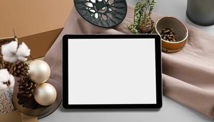 Tablet with Christmas Decorations Mockup