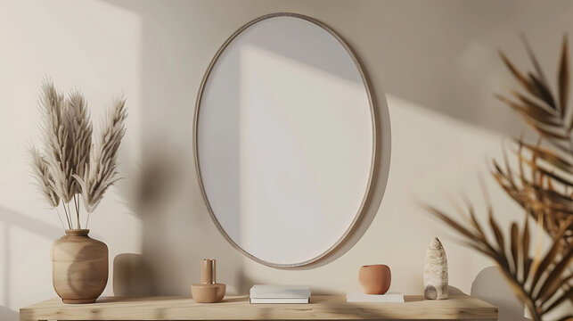 Oval shape mockup photo frame plastic border, on book shelf in modern living room, 3d render