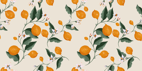 Abstract artistic branches with lime and lemon, leaves, tiny buds seamless pattern on a light background. Vector hand drawn. Summer citrus fruits illustration for print. Template for design, textile - obrazy, fototapety, plakaty