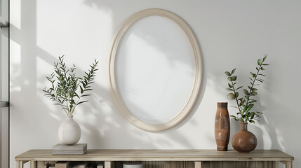 Oval shape mockup photo frame plastic border, on bookcase in modern living room, 3d render