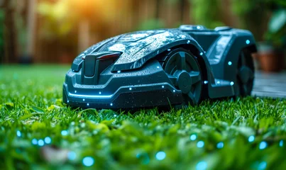 Schilderijen op glas Autonomous robotic lawnmower on fresh green grass with futuristic blue light signals, showcasing smart garden technology in a serene backyard setting © Bartek