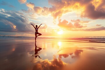 A woman is standing on the beach, practicing yoga
