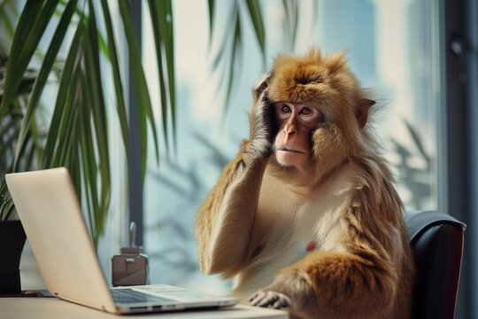 A monkey is sitting at a desk with a laptop and a cell phone. The monkey appears to be confused or worried, possibly due to a phone call or a message on the laptop