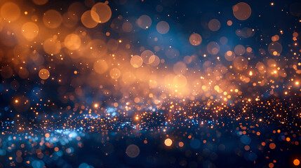 background with specs of gold and shiny bokeh stars on a windy blue surface - obrazy, fototapety, plakaty