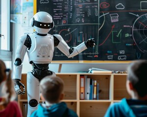 AI-driven future classroom teaching young students about cryptocurrency saving strategies - obrazy, fototapety, plakaty