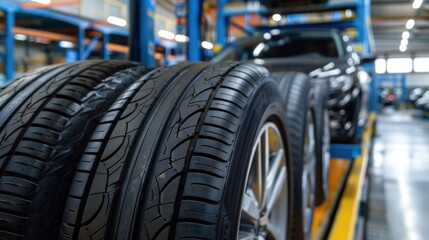Fototapeta premium Car maintenance and care services Tires in a car repair center Tire distributor customers