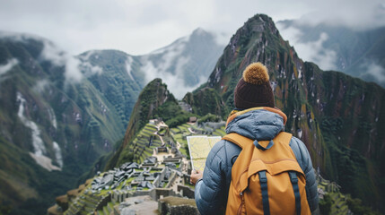 male traveler with a map on the mountain - obrazy, fototapety, plakaty