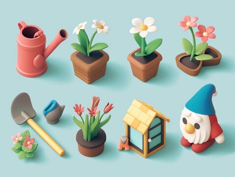 A collection of 8 cute isometric gardening icons featuring a watering can blooming flowers