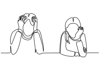 continuous line art vector illustration Unhappy family of money savings