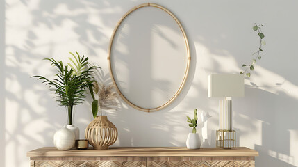 Oval shape mockup photo frame bamboo border, on dresser in modern living room, 3d render