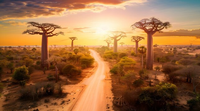Beautiful Baobab trees at sunset at the avenue of the baobabs in Madagascar